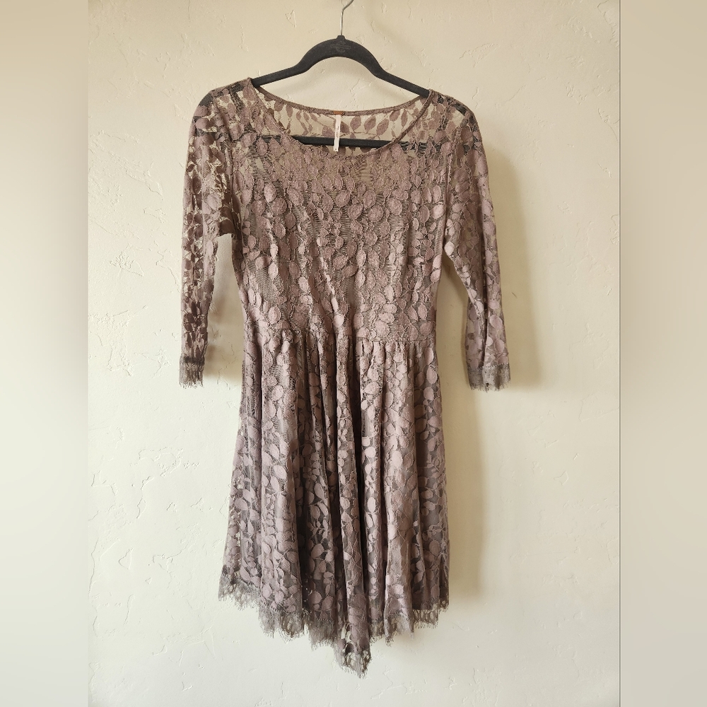 Free People Floral Mesh Lace Fit & Flare Dress in Taupe
